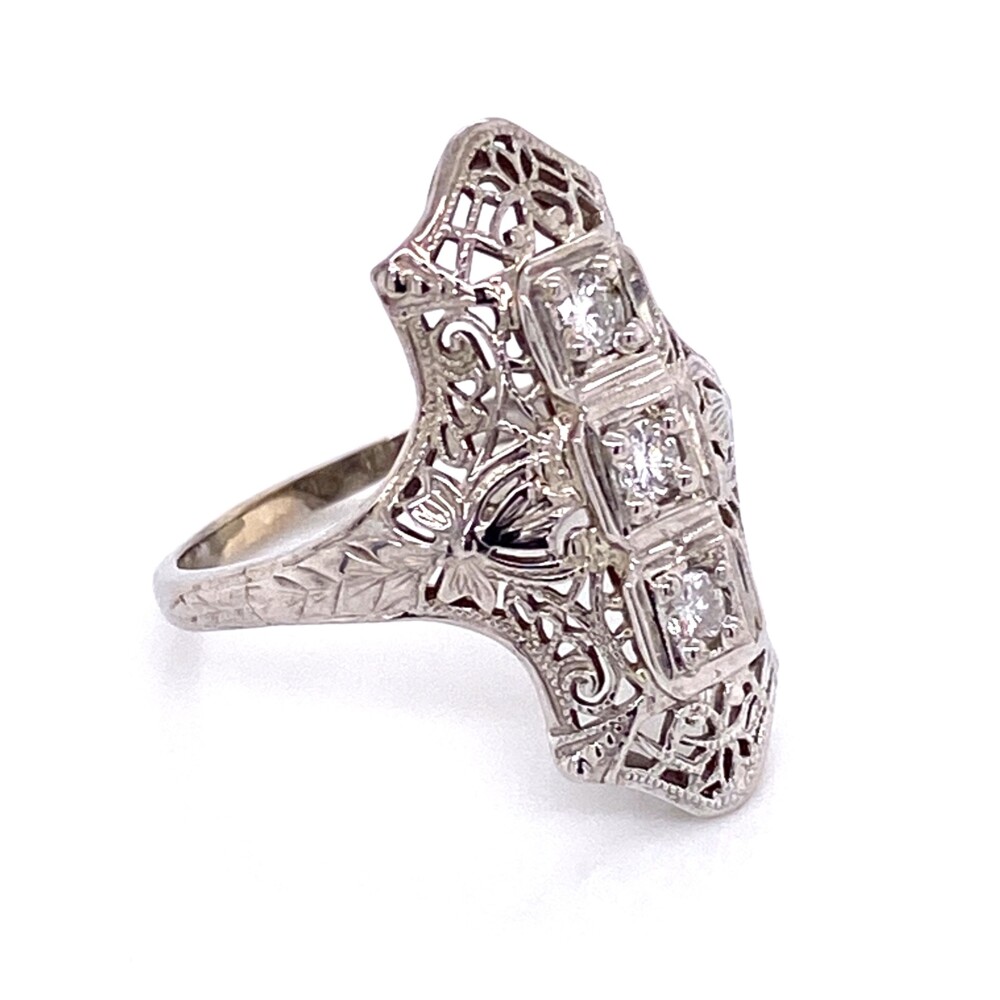 Image 2 for 14K WG Art Deco Filigree Navette Diamond Ring 3.8g