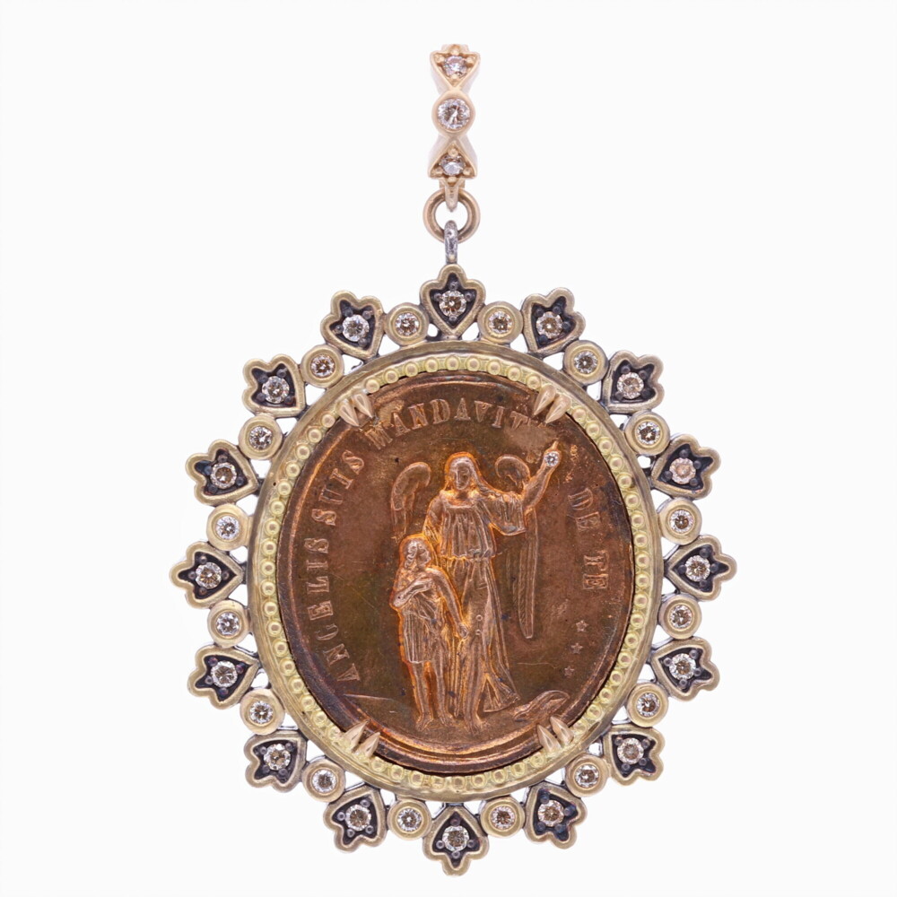 This beautiful French Guardian Angel translates to "Angels charge over you". The back depicts St. Joseph and a cherub. St. Joseph is declared to be both the protector and patron of church. Having died in the arms of Jesus and Mary, he is considered the model of the pious believer who receives grace at the moment of death. This sweet Angel is reaching up to a diamond that represents a star in Heaven. Your Guardian Angel is unique to you and is present to guide you through your spiritual journey. The medal is set inside a 14k Yellow Gold 12.5g, Diamond 1.12 tcw, and rhodium sterling bezel. Your Angel may be clipped onto any necklace. Cynthia Ann Jewels French Guardian Angel and St. Joseph Pendant
