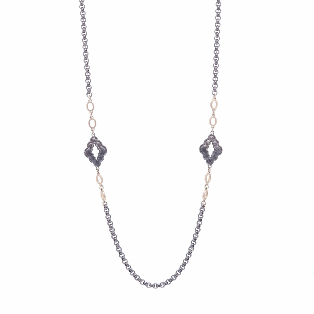 Handcrafted with Rhodium Sterling and 14k Gold 1.43g . This layering chain has two scalloped marquis shaped stations with two yellow gold satin finish ovals hung on either side. Cynthia Ann Jewels Layering Chain