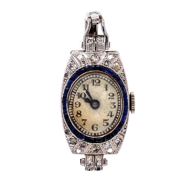 Closeup photo of Platinum on 14K Art Deco Watch Ring with Diamonds and Sapphires