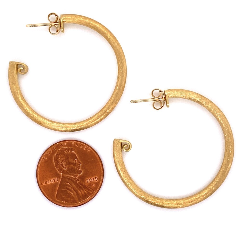 Hoops are what put Jude Frances on the map and these beautiful brushed 18K Yellow Gold have wonderful character while still being very wearable. The backings are post & friction and they measure 1.30" in diameter 18K YG JudeFrances Brush Gold Hoops Earrings 3.3g, 1.30" tall