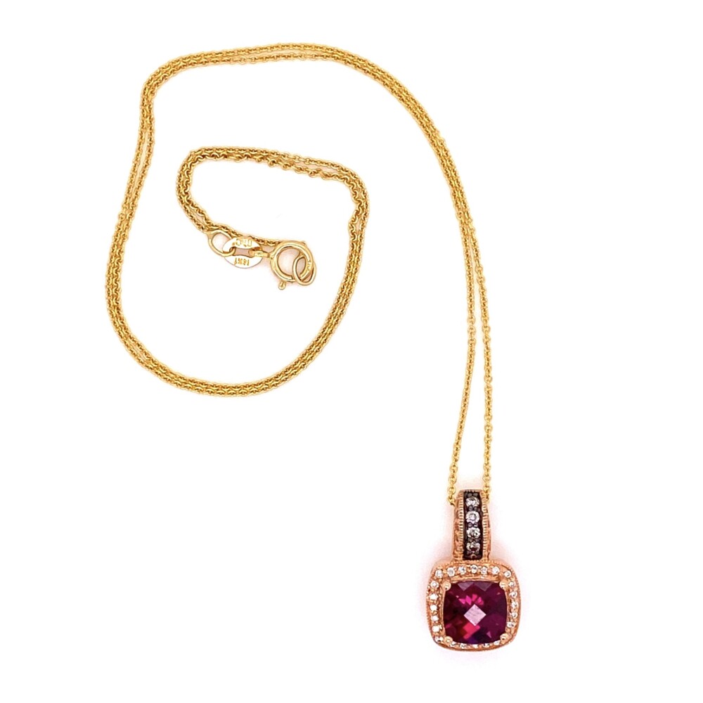 1 square checkerboard cut reddish purple garnet is the main stone and weighs approx. 1.50ct. There surrounding round brilliant diamonds weigh approx. .18tcw 14K RG LEVIAN Garnet & Diamond Pendant 18"