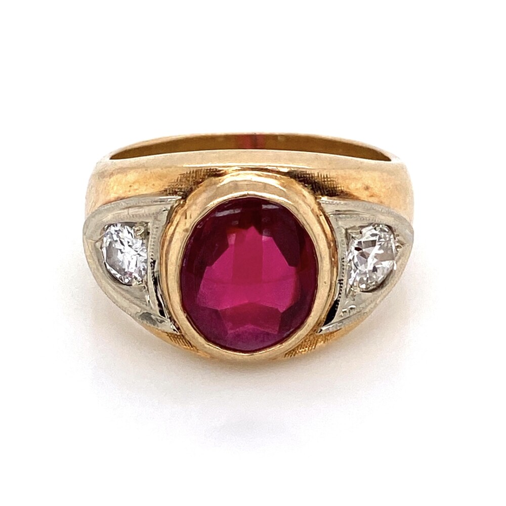 Image 2 for 14K YG Mens Synthetic Cabochon Ruby & 2 Old European Cut Diamonds .61tcw 15.1g