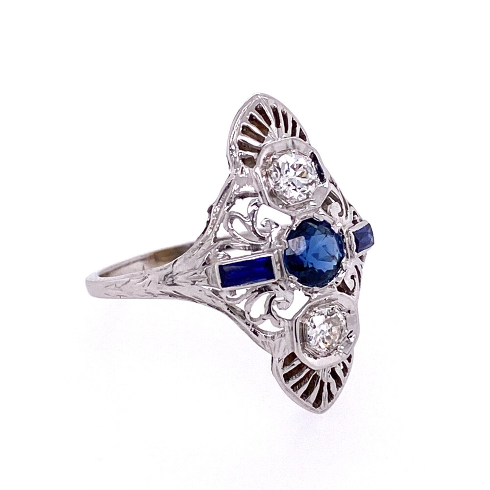 Image 2 for 18K WG Art Deco Navette .30tcw Diamond Ring with Blue Stones 2.9g