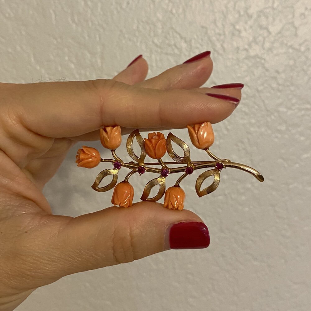 Image 2 for 14K YG 1960's Carved Coral Roses & Ruby Brooch Brooch 10.3g, 2.5" Tall