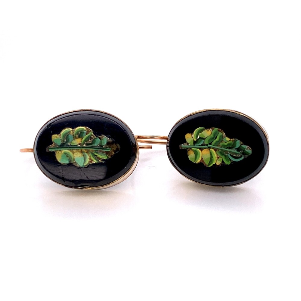 Pair of Earrings & Matching Brooch 9K Victorian Micro Mosaic Set Brooch & Earrings Leaf Design in Onyx 18.8g