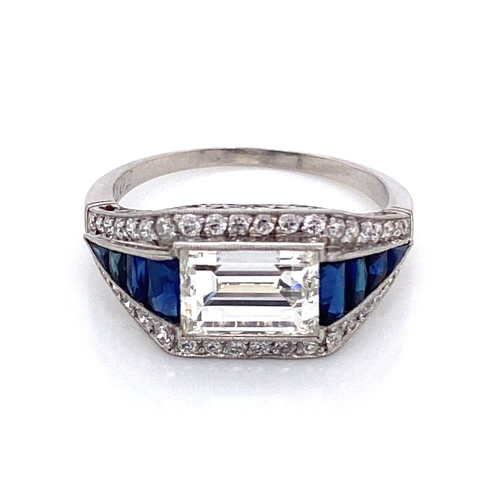 Image 2 for Platinum Art Deco 2.02ct Emerald Cut Diamond East-West Ring with Sapphires, s6.75