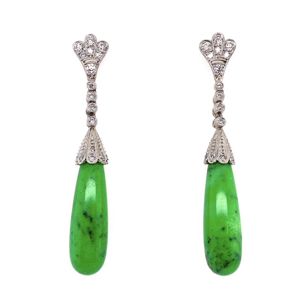 These handmade earrings in platinum are Art Deco style and provide an amazing look with movement, sparkle and pop of vibrant green! The diamonds are old european cuts that weigh approx. .65tcw<div style="position: initial; margin: initial;"><span style="font-size: 16.8px; position: initial; margin: initial;"><a href="https://youtu.be/0ebq0APq_mQ" title="https://youtu.be/0ebq0APq_mQ" style="text-decoration: none;">https://youtu.be/0ebq0APq_mQ</a></span><br style="position: initial; margin: initial;"></div> Platinum Art Deco Natural Green Turquoise Briolette & .62tcw Diamonds Earrings 2"