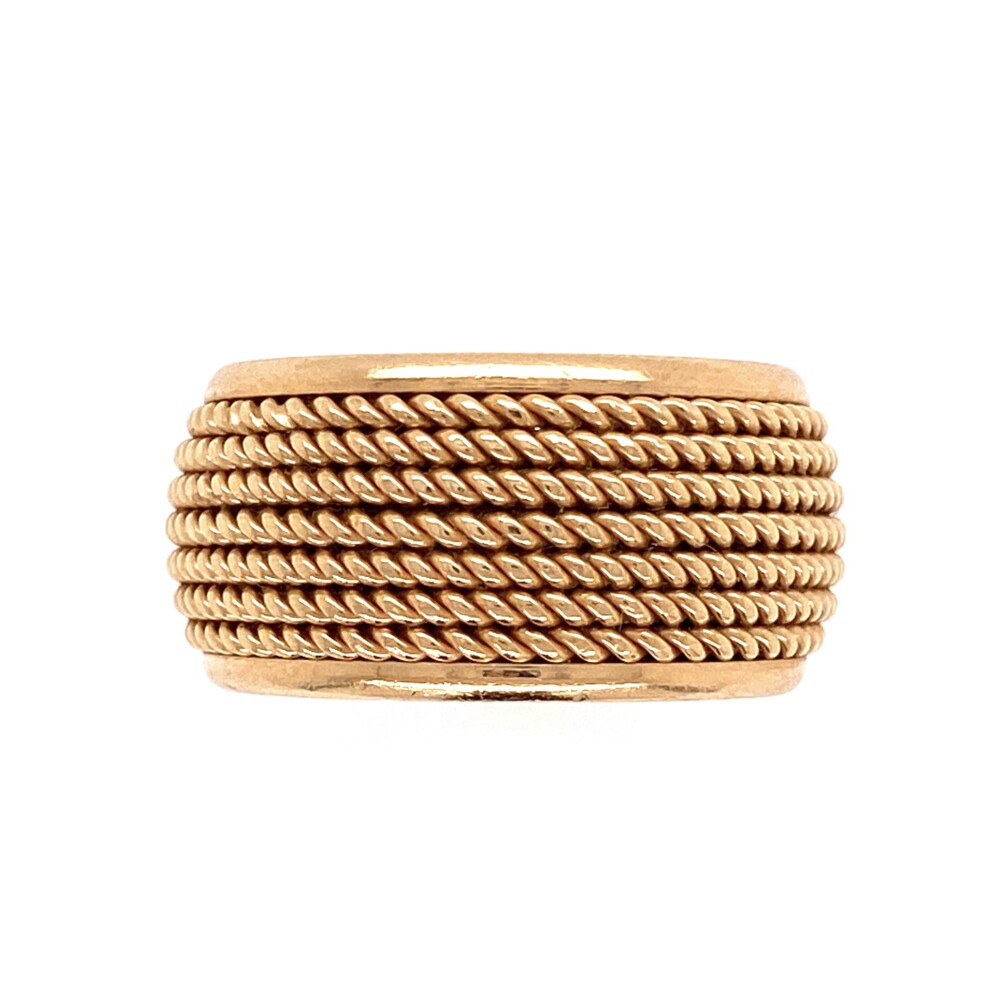 This lovely band ring is 10mm wide and sits 2.5mm off the finger. It is a finger size 5.75 and cannot be sized up, but could take an insert to fit a smaller finger.<div style="position: initial; margin: initial;"><span style="font-size: 16.8px; position: initial; margin: initial;">https://youtu.be/AEb23Da4-wQ</span><br style="position: initial; margin: initial;"></div> 14K Yellow Gold TIFFANY & CO Rope Wrapped Band 12.8g, s5.75