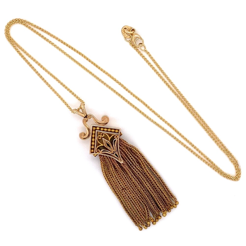 Image 2 for 14K YG Victorian Revival Tassel Necklace Black Enamel 12.5g, 18" Chain