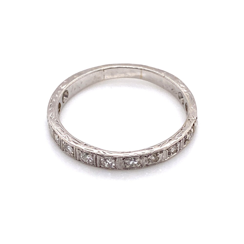 14 round diamonds approx. .28tcw engraving and milgrain work<div style="position: initial; margin: initial;"><span style="font-size: 16.8px; position: initial; margin: initial;"><span style="position: initial; margin: initial;"><a href="https://youtu.be/RB91UT-m0EI" title="https://youtu.be/RB91UT-m0EI" style="text-decoration: none;">https://youtu.be/RB91UT-m0EI</a></span></span><br style="position: initial; margin: initial;"></div> Platinum Art Deco Stack Engraved .28tcw Diamond Band 2.8g, s6