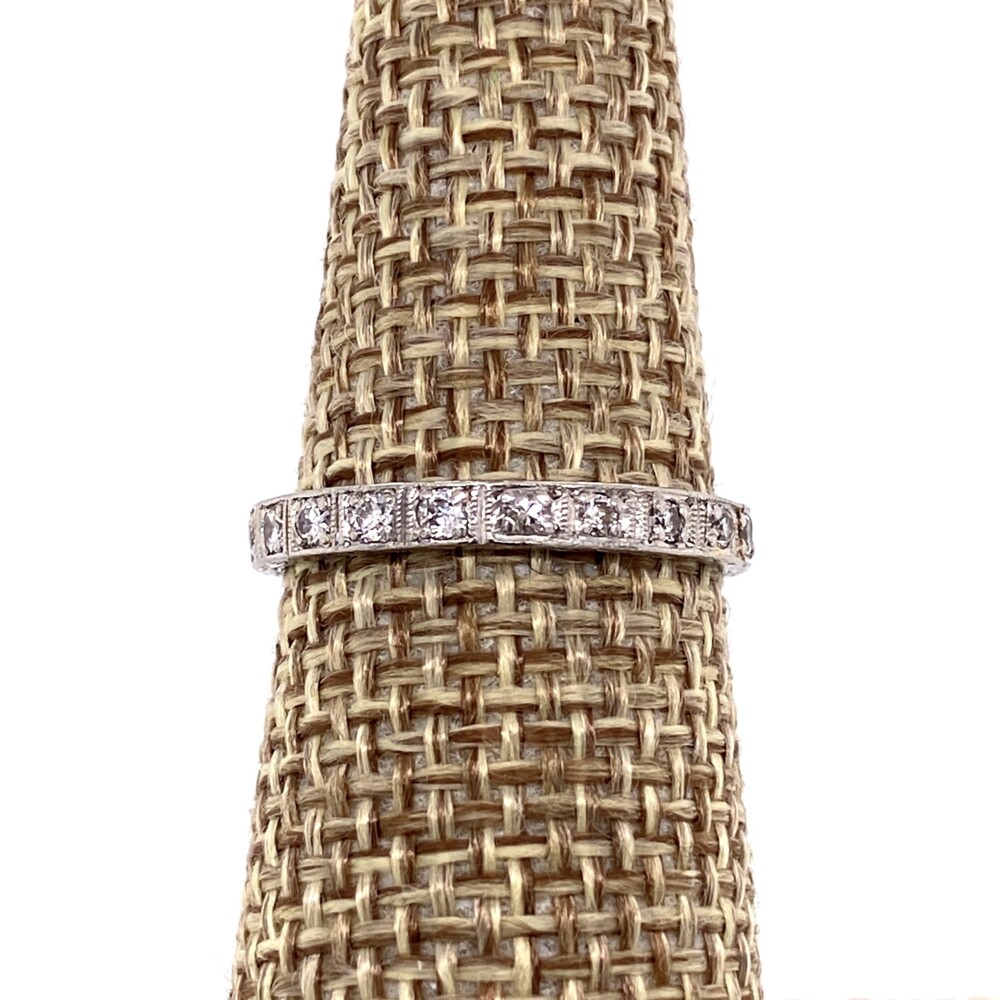 14 round diamonds approx. .28tcw engraving and milgrain work<div style="position: initial; margin: initial;"><span style="font-size: 16.8px; position: initial; margin: initial;"><span style="position: initial; margin: initial;"><a href="https://youtu.be/RB91UT-m0EI" title="https://youtu.be/RB91UT-m0EI" style="text-decoration: none;">https://youtu.be/RB91UT-m0EI</a></span></span><br style="position: initial; margin: initial;"></div> Platinum Art Deco Stack Engraved .28tcw Diamond Band 2.8g, s6