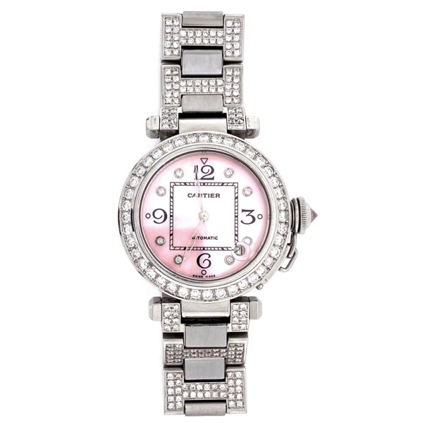 Closeup photo of Cartier Pasha Pink Dial Stainless Steel Automatic Watch 8.95tcw Diamond 2324