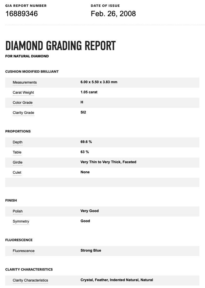 The main center cushion modified brilliant diamond has a GIA Lab report, #16889346, grading H color, SI2 Clarity and is set in a classic ring with 14 pavé diamonds on the shank approx. .14tcw. and stamped 18K and has a Platinum head.<div style="position: initial; margin: initial;"><span style="font-size: 16.8px; position: initial; margin: initial;"><a href="https://youtu.be/Ol6mqo7Ju9o" title="https://youtu.be/Ol6mqo7Ju9o" style="text-decoration: none; position: initial; margin: initial;">https://youtu.be/Ol6mqo7Ju9o</a></span><br style="position: initial; margin: initial;"></div><div style="position: initial; margin: initial;"><span style="font-size: 16.8px; position: initial; margin: initial;"><a href="https://youtu.be/_Q_mH8rmXnY" title="https://youtu.be/_Q_mH8rmXnY" style="text-decoration: none;">https://youtu.be/_Q_mH8rmXnY</a></span><br style="position: initial; margin: initial;"></div> 1.05ct Cushion Brilliant Diamond GIA H-SI2 in 18K WG Diamond Ring, s6