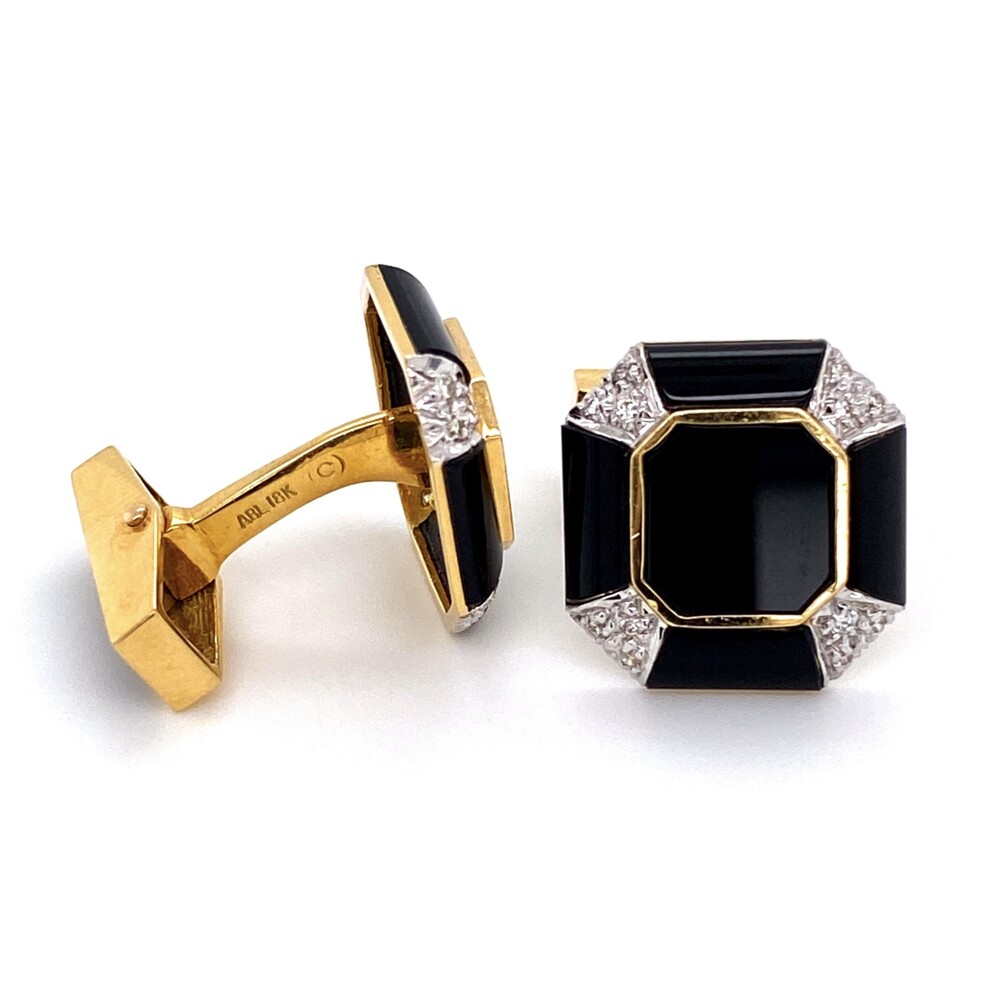 18K cufflinks & stud stud inlayed with black onyx and 60 diamonds weigh approx. .50tcw. The cufflinks are stamped 18K and the 3 studs have a 14K hallmark on the posts, but the heads are tested to 18K purity.<div style="position: initial; margin: initial;"><span style="font-size: 16.8px; position: initial; margin: initial;"><a href="https://youtu.be/g5OzirMYRQ4" title="https://youtu.be/g5OzirMYRQ4" style="text-decoration: none; position: initial; margin: initial;">https://youtu.be/g5OzirMYRQ4</a></span><br style="position: initial; margin: initial;"></div><div style="position: initial; margin: initial;"><br style="position: initial; margin: initial;"></div> 18K YG Onyx & .50tcw Diamond Cufflinks Stud Set 18.5g