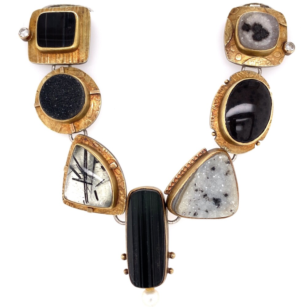 This piece is super cool and hand crafted by designer Sydney Lynch in 925 Sterling with 18K yellow gold overlay including gemstones: rutilated quartz, agate, onyx, pearl, moonstone & diamond 18K & Sterling Sydney Lynch Gemstone Necklace & Bracelet Set 211.9g