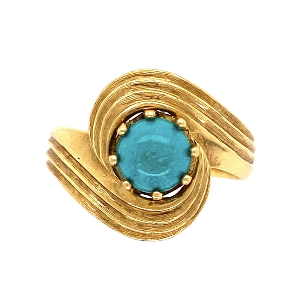 This ring has a swirl bypass design with a center cabochon turquoise weighing approx .35ct & held by 8 prongs.<div style="position: initial; margin: initial;"><span style="font-size: 16.8px; position: initial; margin: initial;"><a href="https://youtu.be/fNYEMawZakk" title="https://youtu.be/fNYEMawZakk" style="text-decoration: none;">https://youtu.be/fNYEMawZakk</a></span><br style="position: initial; margin: initial;"></div> 18K YG Italian Cabochon Turquoise Ring 5.3g, s6