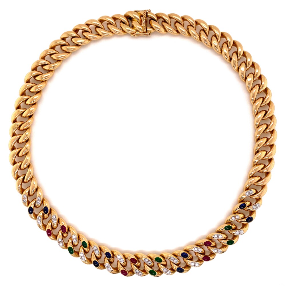 44 diamonds are approx. 1.1tcw<div style="position: initial; margin: initial;"><span style="font-size: 16.8px; position: initial; margin: initial;"><a href="https://youtu.be/kLDoLQcpK3Y" title="https://youtu.be/kLDoLQcpK3Y" style="text-decoration: none;">https://youtu.be/kLDoLQcpK3Y</a></span><br style="position: initial; margin: initial;"></div> 14K YG Curb Link Rubies, Emeralds, Sapphires & Diamonds 93.3g, 17"