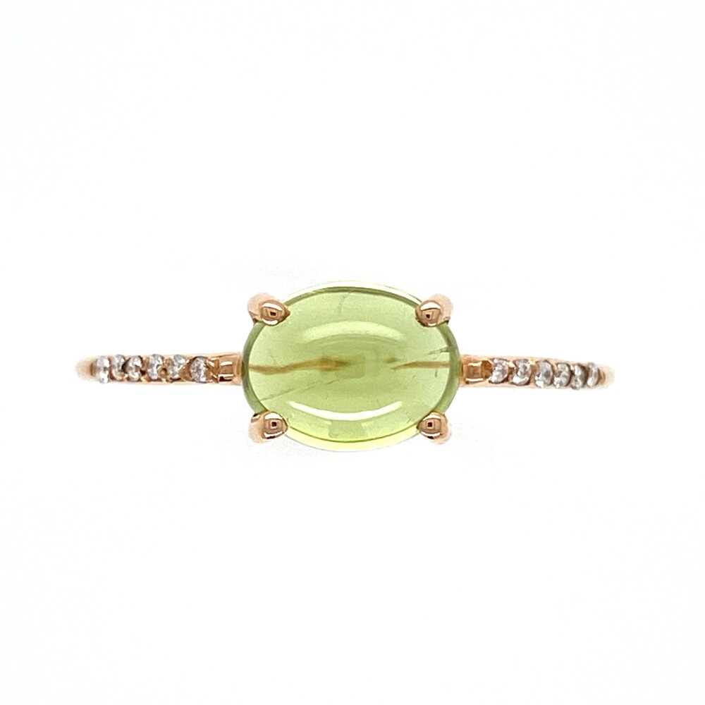 Made in Italy, Stamped 750, Retail $1295 In the 1960s when Ugo Calà was little more than a child, and in his spare time he helped his father in the barber shop next to the Ponte Vecchio bridge. That little barbershop was frequented by the best goldsmiths in the city who were realizing the most beautiful jewels for the most prestigious international brands. Going against his father’s will, the young Ugo became an apprentice of one of the most famous jewelers of the Ponte Vecchio. After years of apprenticeship, combining the secrets of the secular Florentine goldsmith’s art, with a fashion idea in step with the times, Ugo decides to create the company that in the years to come becomes an important reference in the world of jewelry: Ponte Vecchio Gioielli. 18K RG 2.05ct Cabochon Peridot & .05tcw Diamond Ring 2.1g, s8