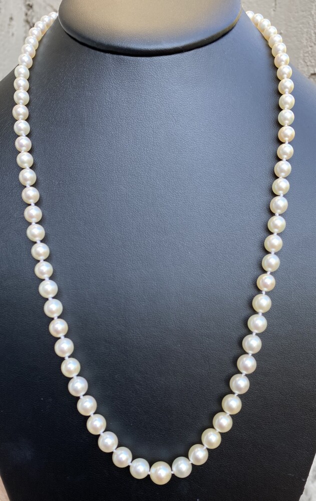 Image 2 for Platinum Mikimoto Art Deco Pearl Strand 8.7-4.7mm Diamonds, Ruby, Sapphire Clasp 21"
