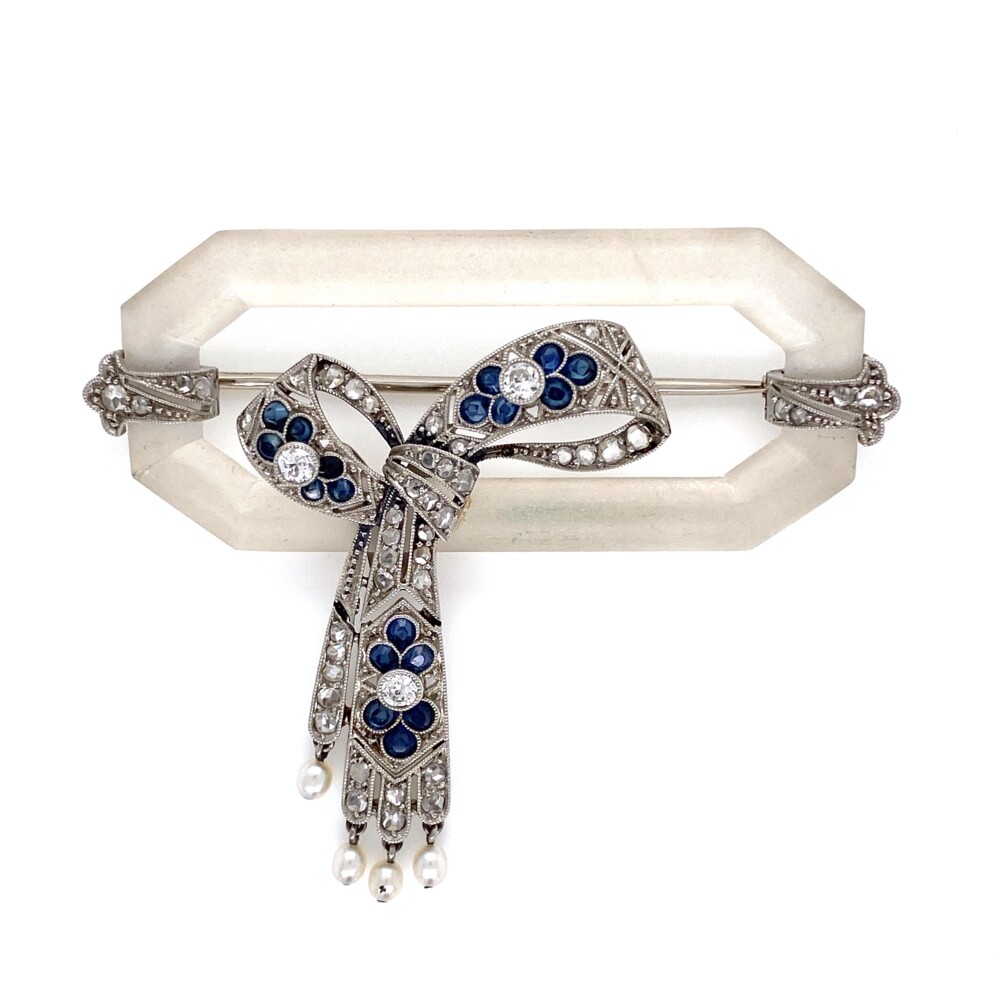 50 rose cut diamonds are approx. .65tcw, 3 round diamonds are approx. .18tcw, 18 custom calibre sapphires weigh approx. .70tcw & 4 seed pearls hang from the bottom. The pin is stamped 18ct, all the other pieces test 80% platinum which is typical for Japanese platinum, it is an amazing piece!<div style="position: initial; margin: initial;"><span style="font-size: 16.8px; position: initial; margin: initial;"><a href="https://youtu.be/jfRsFVCwHdo" title="https://youtu.be/jfRsFVCwHdo" style="text-decoration: none;">https://youtu.be/jfRsFVCwHdo</a></span><br style="position: initial; margin: initial;"></div> Platinum Art Deco Quartz Crystal .83tcw Diamond & Sapphire Brooch 11.5g,
