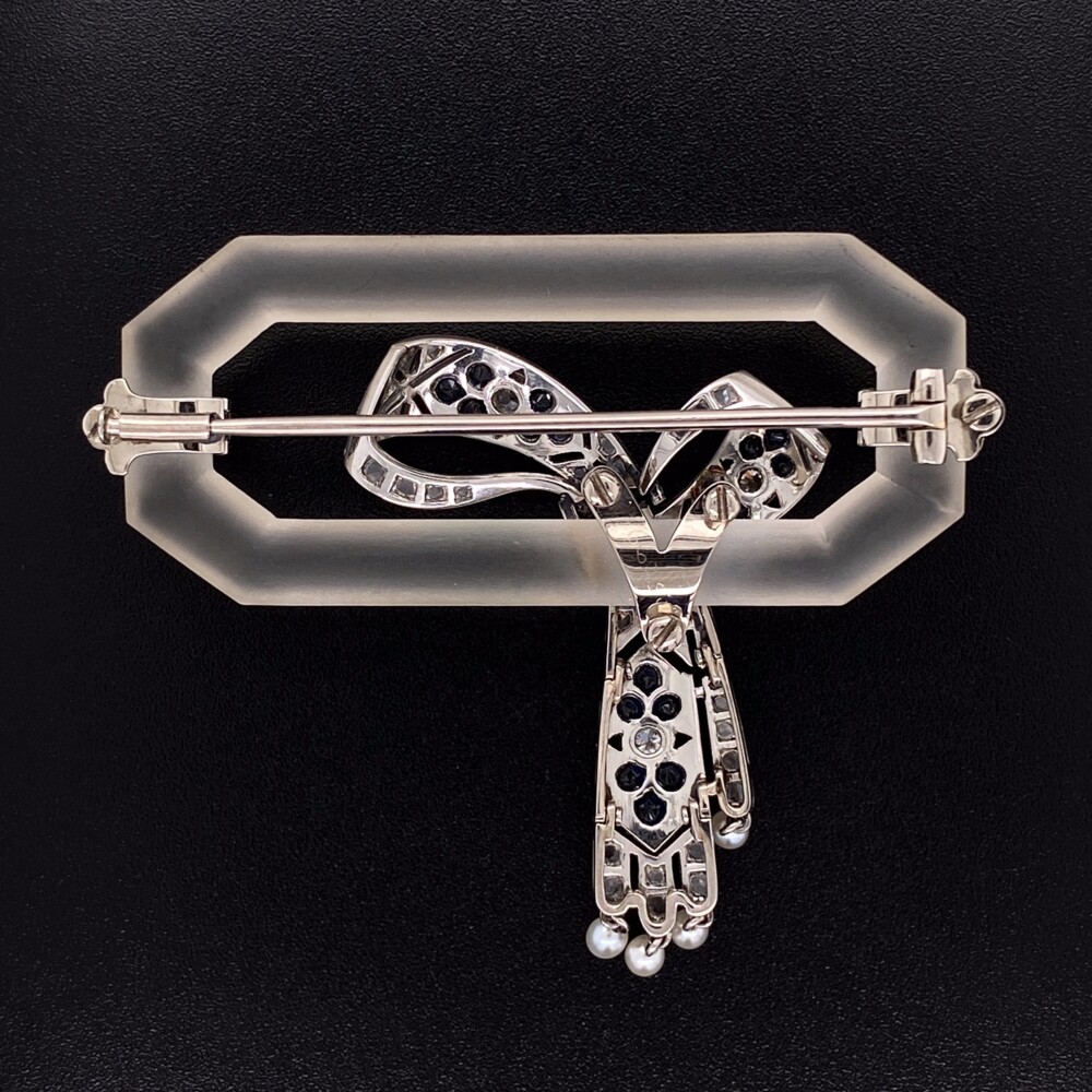 Image 2 for Platinum Art Deco Quartz Crystal .83tcw Diamond & Sapphire Brooch 11.5g,