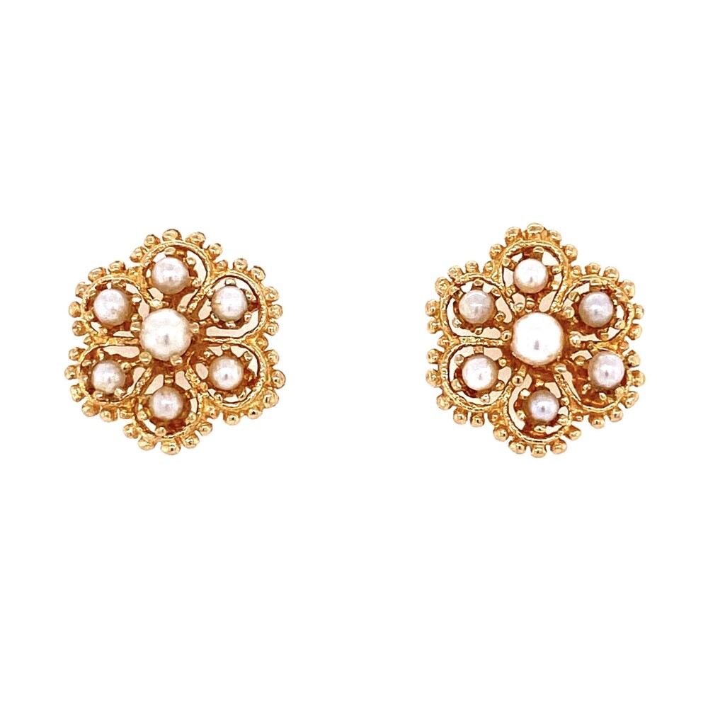 14k Yg Victorian Revival Cluster Seed Pearl Earrings 4 2g Platinum 1911