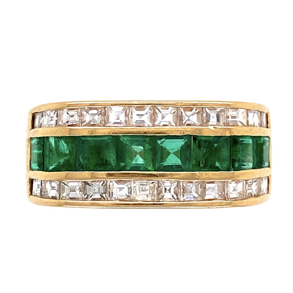 This ring is made super nice with very high quality emeralds and diamonds. 8 square emerald cut emeralds weigh approx. 1.20tcw and 24 step cut diamonds weigh approx. 1.50tcw 18K YG Muzo Emerald & Asscher Diamond Band Ring 7.1g, s8