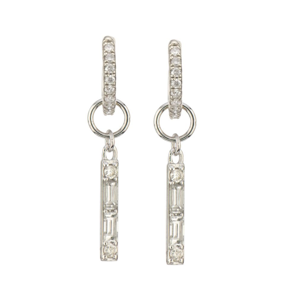 Includes charms only, hoops NOT included. 14K WG Baguette Diamond Bar Earring Charm Pair