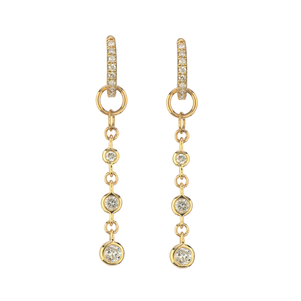 14K YG Long Chain Bezel Set Diamond Earring Charm Pair | Platinum 1911