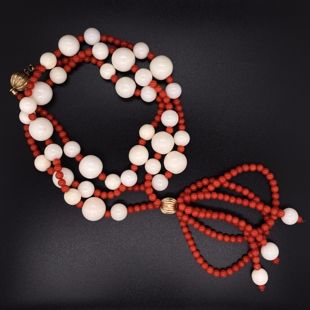 Image 2 for 14K YG Red & White Coral Bead Necklace 55g, 26"