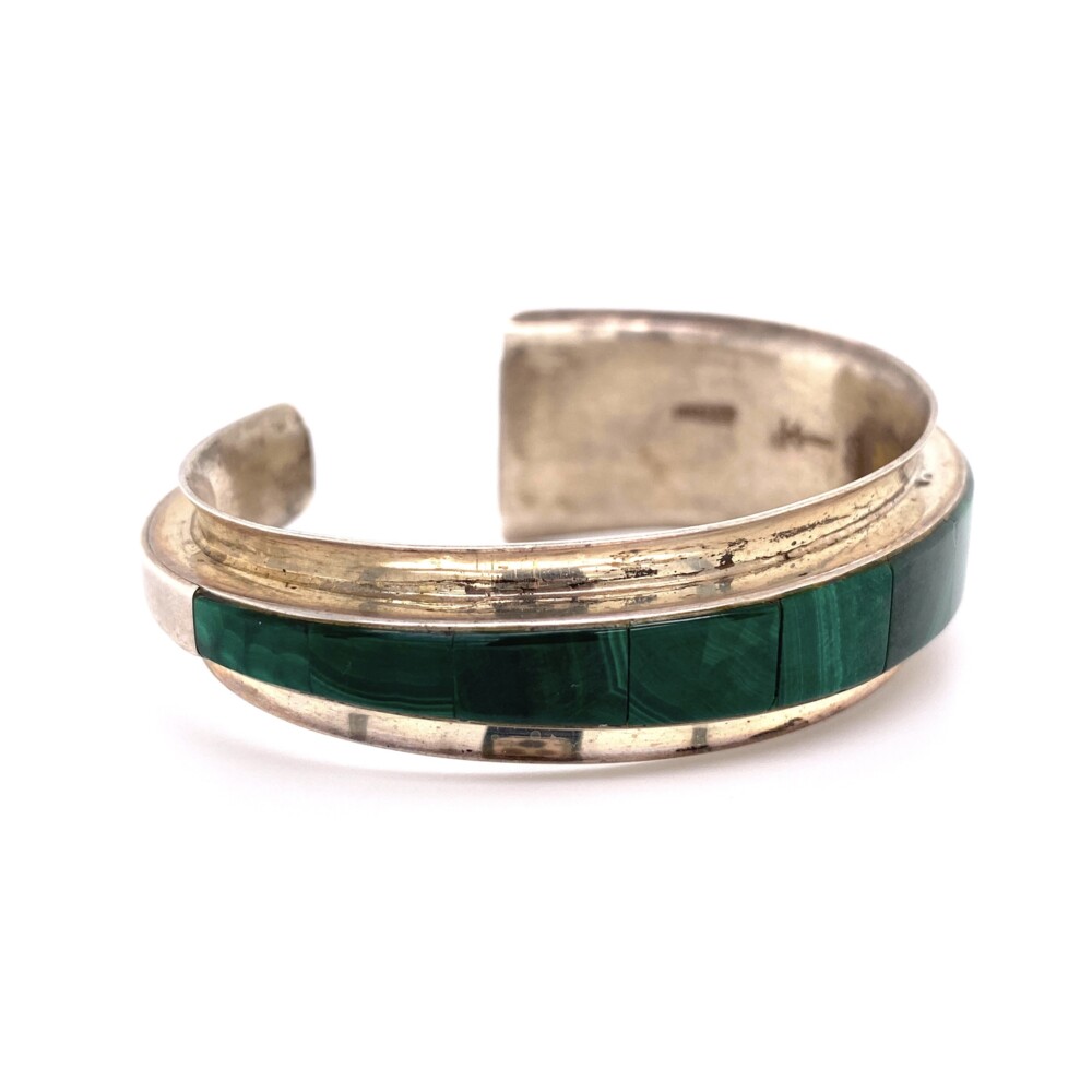 925 Sterling Native Tapered Inlay Malachite Cuff Bracelet 30.8g