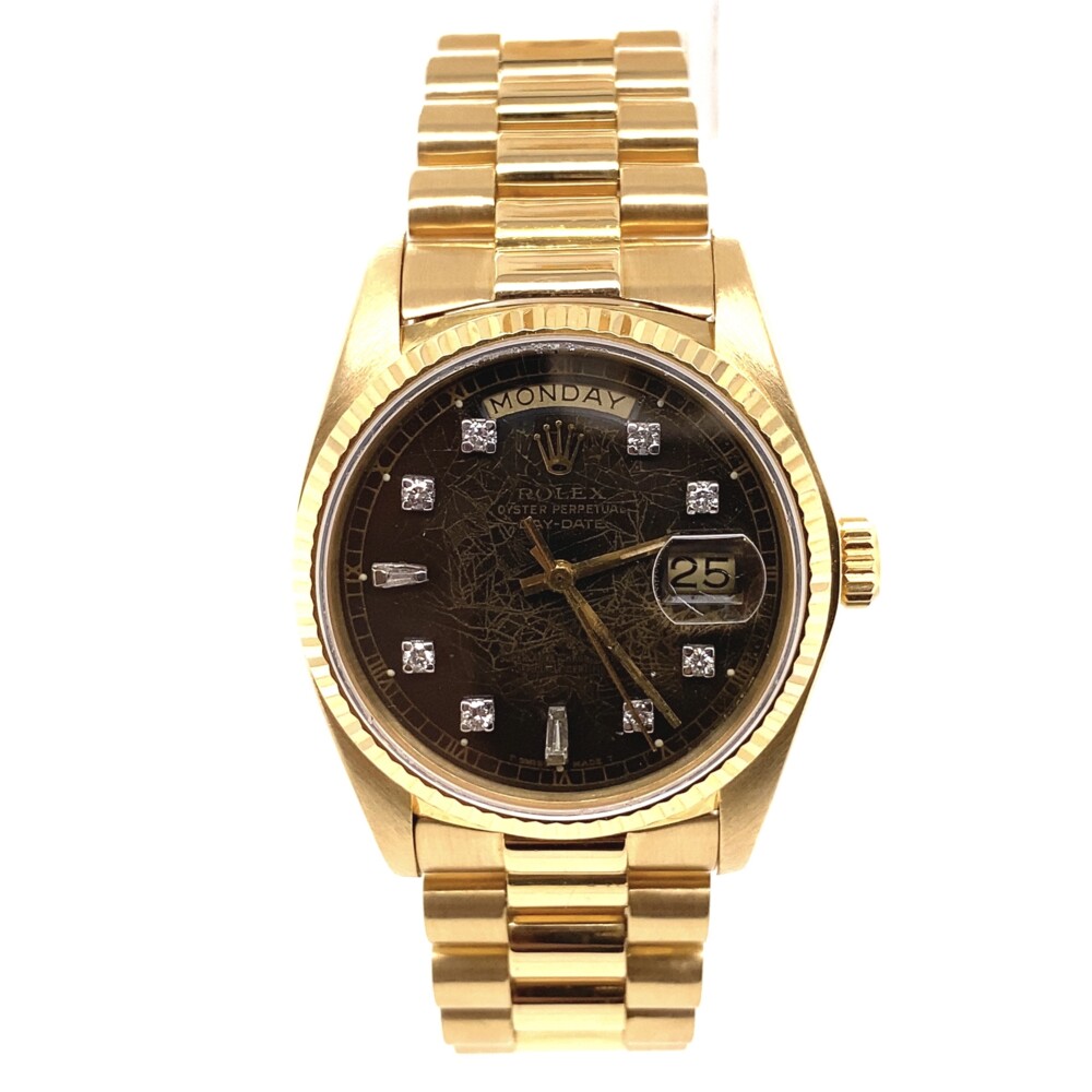Serial #6218976, c1980. Fresh full service, overhaul & polish. Rolex 18038 President with Patina Chocolate Diamond Dial & 2020 Service