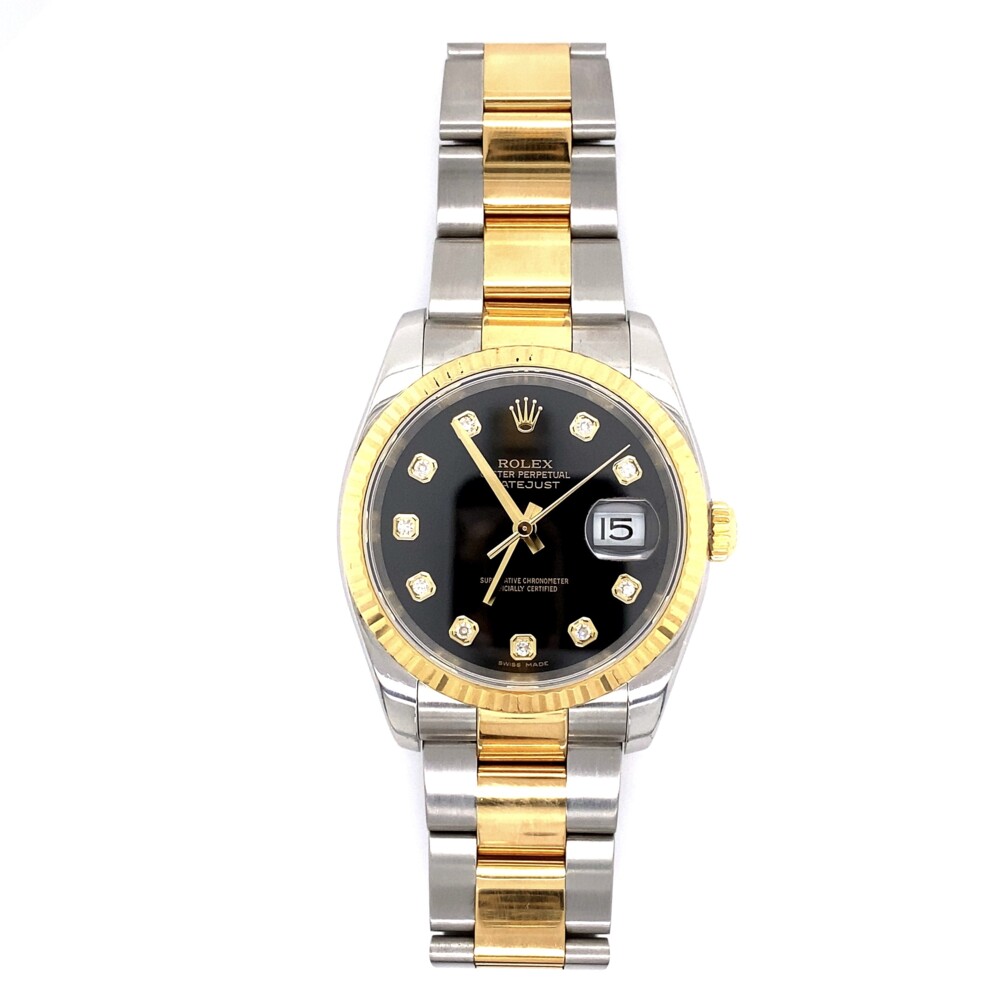 116233, new style buckle and gold through, Serial D505260, Naked. Circa 2006. 116233 Rolex 2tone 36mm Datejust Diamond Black Dial Oyster, D Serial