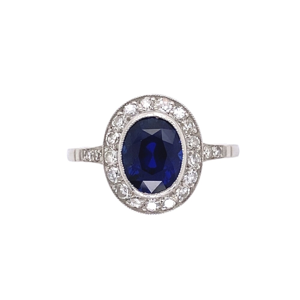 GIA report #5211104285 shows the stone is likely from Sri Lanka & has no indications of heat treatment - and look at the color... wow!!! The handmade platinum ring has approx. .46tcw diamonds, the sapphire is bezel set and there is lots of milgrain still crisp! Platinum Art Deco 2.51ct Oval Sapphire GIA NO Heat, Ceylon Diamond Ring, s7.5