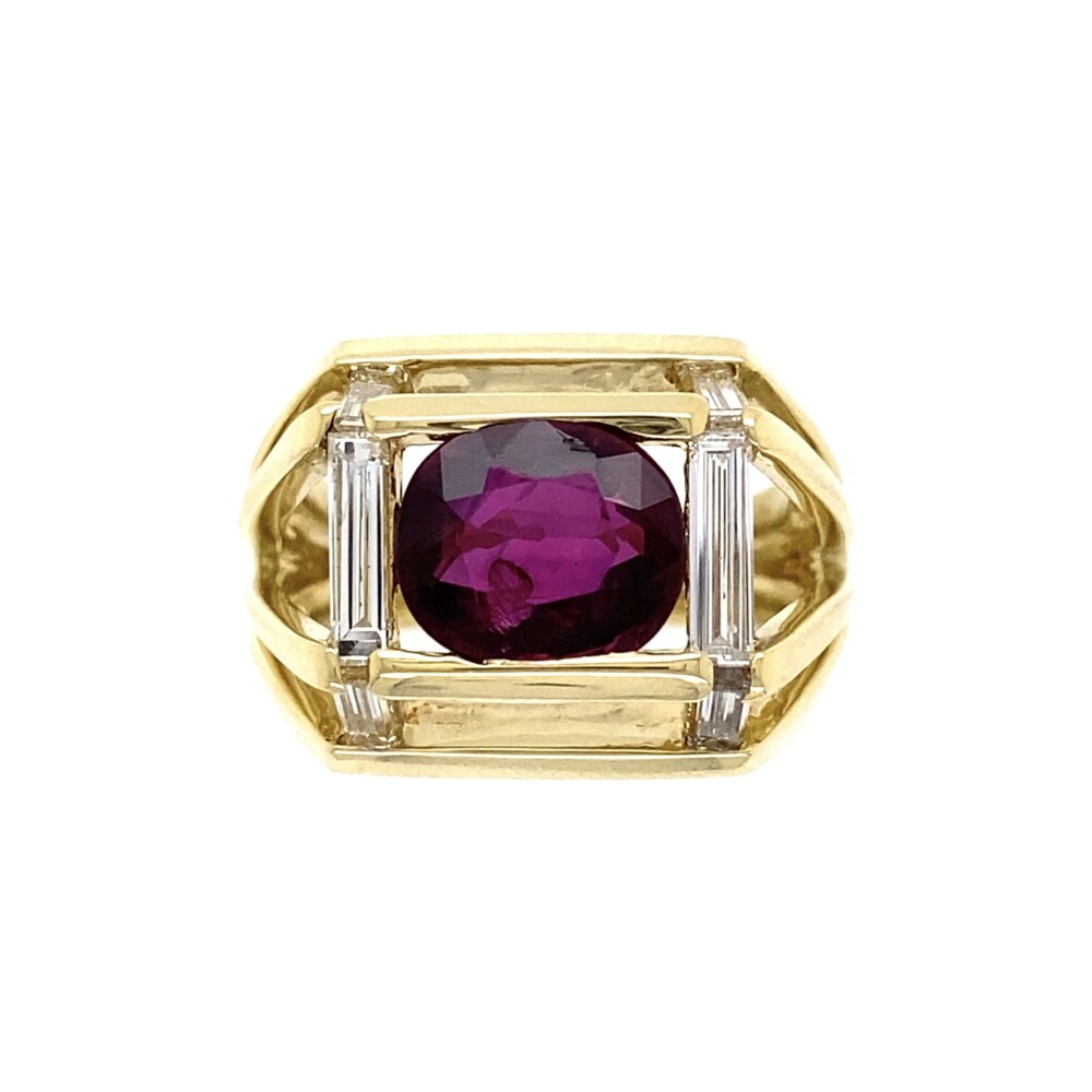 Check out this gorgeous angular ring by Jose Hess circa 1990. It has an amazing deep red ruby is from Thailand and is UNHEATED, approx. 2.50ct with long baguette diamonds on the sides and down the shank approx. .40tcw. The ring is accompanied by a GIA lab report, #6213498215. 18K YG JOSE HESS 2.5ct Ruby & .40tcw Diamond Ring 12.9g GIA #6213498215