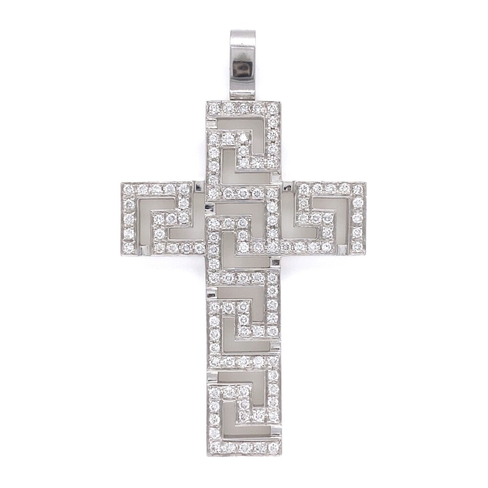 113 round brilliant diamond are approx. 2.10tcw, F color, VS clarity judged. VERSACE Pattern 2.10tcw Diamond Cross Pendant in 18K 18.4g, 2.5"