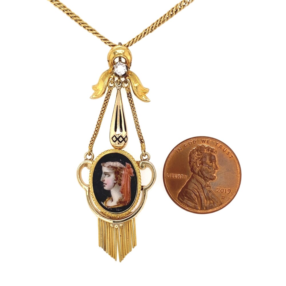 Victorian painted portrait pendant necklace with ornate detailing: a ribbon on top with an old mine diamond approx. .10ct, a black enamel drop and then the painted portrait with tassels hanging down. Victorian Painted Portrait Diamond & Enamel Necklace 18K YG 9.8g, 18"