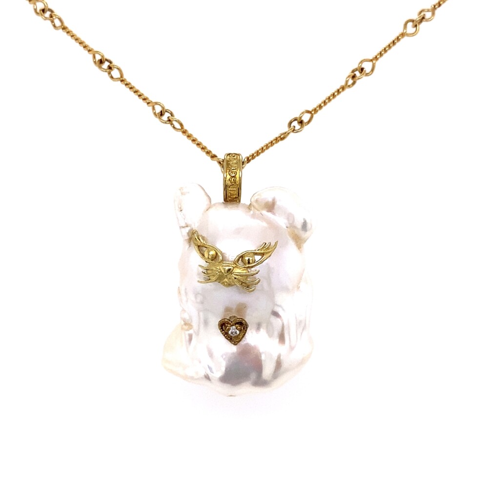 18K YG Stambolian Baroque Pearl CAT Necklace .01ct Diamond 13.6g, 18"