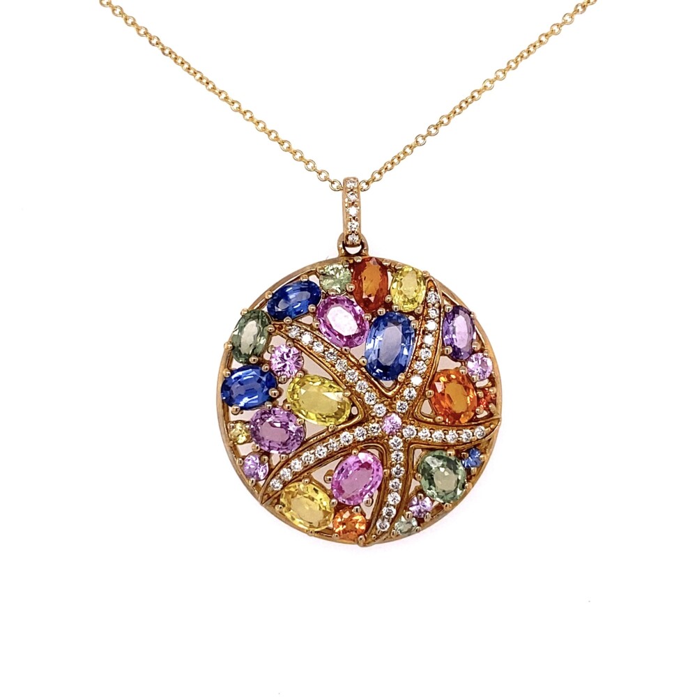 14K YG EFFY 6.14tcw Rainbow Sapphire & .29tcw Diamond Cluster Starfish Circle Necklace 8.3g, 16"