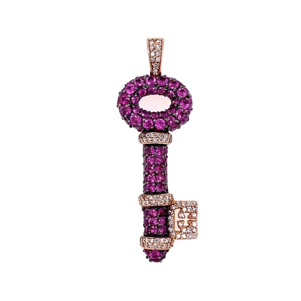 14K RG EFFY Pave 2.52tcw Ruby & .32tcw Diamond Open Key Pendant 5.6g, 1.75"