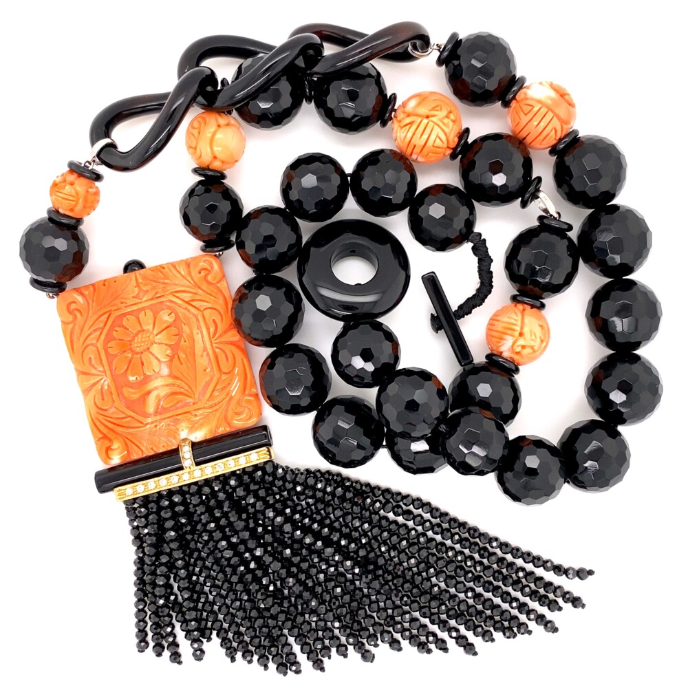 Rosita Gioielli d'Amare 18K YG Rosita Gioielli d'Amare Black Spinel, Carded Coral & .20tcw Diamond Necklace 210.8g, 24"