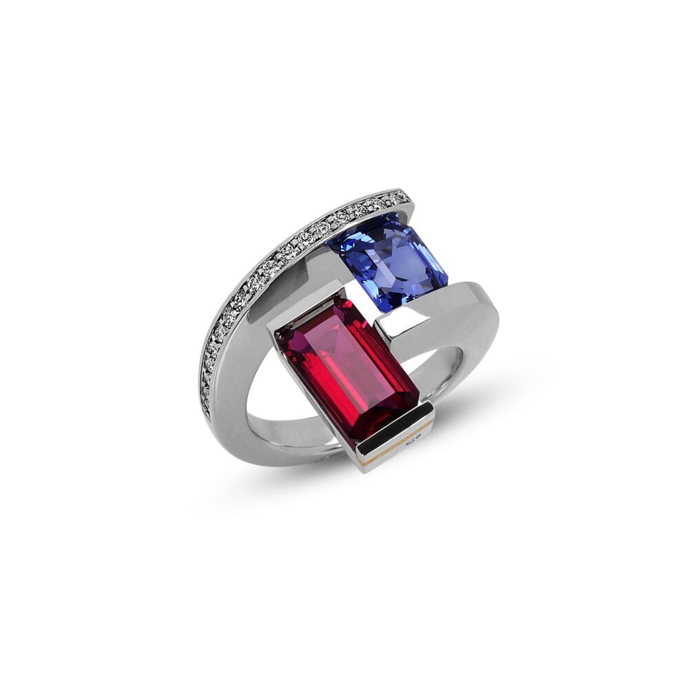 2-Stone Helix Ring with Tension-Set Blue Sapphire and Rubellite