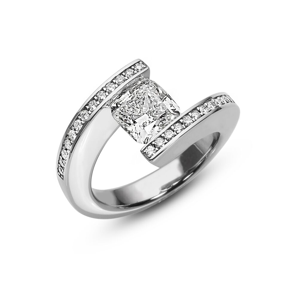 <p>This 2.16 ct. GIA certified F/SI2 cushion cut diamond with excellent polish, very good symmetry, and no florescence (7.32 x 7.13 x 4.85mm) is set in a Two- Row Pave Helix Truncated Flat (HTF) in platinum with a shiny finish. The setting features 26 pave set F/VS diamonds (0.26 ctw.).</p>
<p>Finger size 53.75, American 6.75. Please note that Tension-set rings have limited size-ability; please contact us for further information.</p> 2.16 ct. Cushion Diamond set in pave HTF Ring