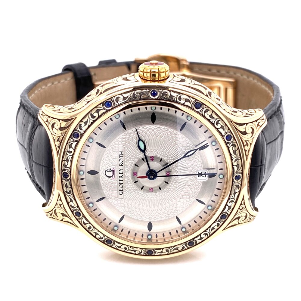 18k white gold bezel and set with 12 natural sapphires, silver dial, hand engraved by Todd Daniels Geoffrey Roth HH2 Hand engraved gold Watch