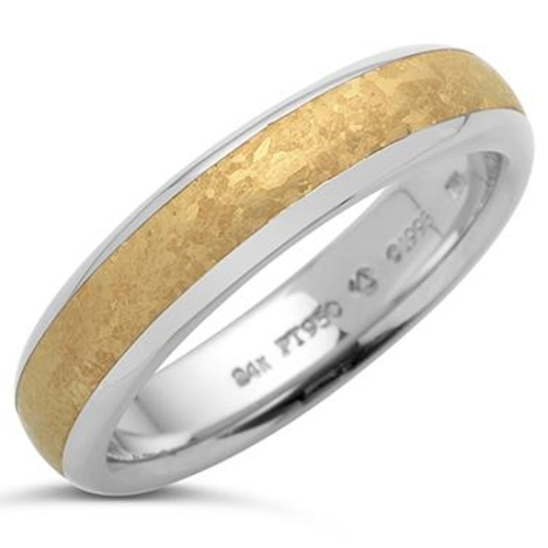 In-stock, 5mm, size 9. The 24K Channel Band is available in platinum with 24K crystallized gold channel inlay in a standard measurement of 5.0mm wide. The band can also be made in our polarium as well as wider sizes, please call for pricing on these options. 24k Channel Band, 5mm, Size 9