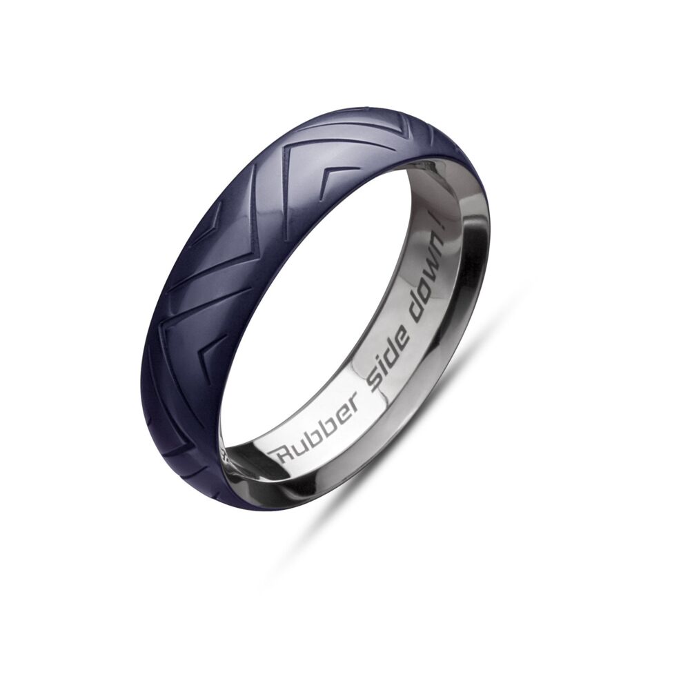 In stock in Polarium. Midnight Blue Tire Band is available in platinum or Polarium (our magnetic platinum alloy) 6.0mm wide. This style comes with a standard "Rubber side down!" engraving on the inside of the band that can be omitted or substituted. Please inquire for sizes above a 68. Midnight Blue Tire Band 6mm Size 10.25