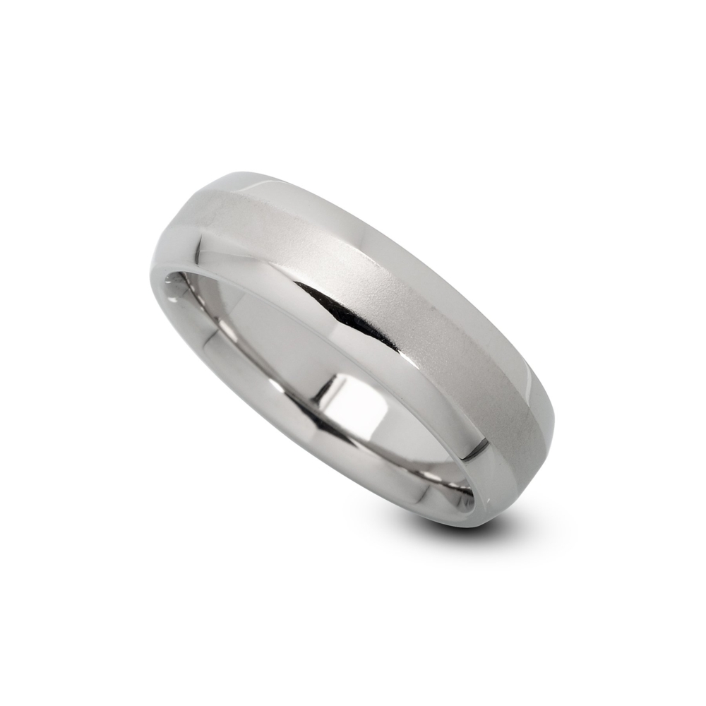 In stock in Polarium, size 9.75. The Kissing band is available in 6.5mm to 10mm wide in 18K white, yellow, rose gold, platinum, or palladium with a shiny, matte or half-matte finish. All prices are based off a 6.5mm wide band, if a different width is needed please contact us for custom pricing. Please inquire for sizes above a 64. Kissing Band Polarium Size 9.75