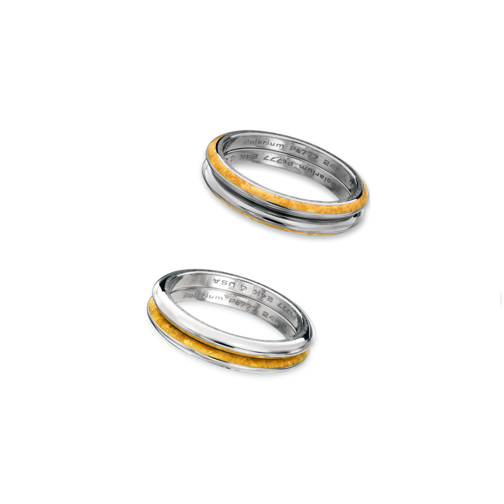 In stock, U.S. size 6.5. Polarium Reversible Bands are available exclusively in Polarium, our magnetic platinum alloy, with 24K crystallized gold inlay and is 5.0mm wide. Please Inquire for pricing for sizes above a 64. Call for details. Ladies Reversible Band 24k Polarium 5.0 mm Size 6.5