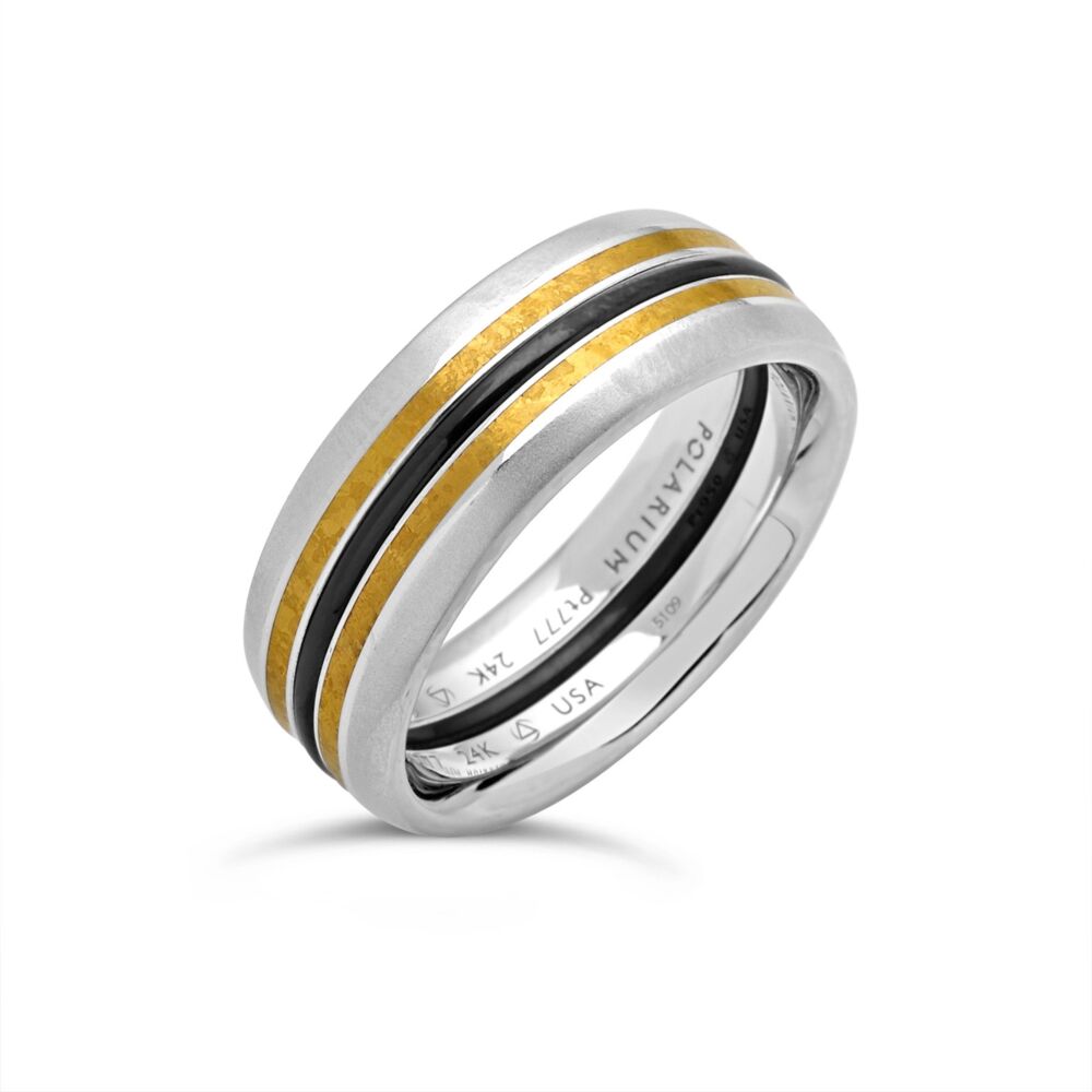 In stock, size 6.5 with satin finish edges. Our 2-Gether Kissing Band with 24K Inlay is available exclusively in Polarium, our magnetic platinum alloy, with 24K gold inlay. 6.5mm or 7.0mm wide. Engraving on one side included. Fees apply for additional engravings. Shown with 1mm domed Halo in Midnight blue, as well as full eternity Halo with white diamonds. Halo inserts are sold separately. Outer Bands 2-Gether Kissing Bands w Satin Edge 24k Inlay Size 6.5